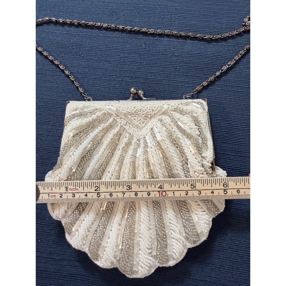 Vintage Beaded Shell Clutch Small White Silver Evening Bag Art Deco Mermaidcore - Picture 5 of 8